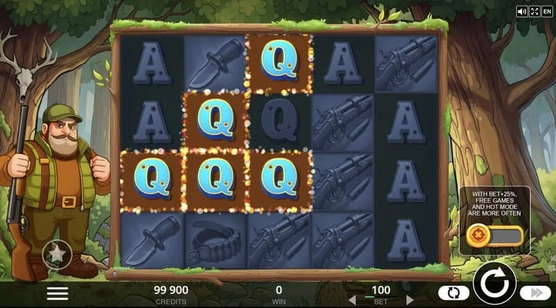 Hunt the Bucks – 5x4-es alapjáték képernyő erdei állatokkal és Coin szimbólumokkal