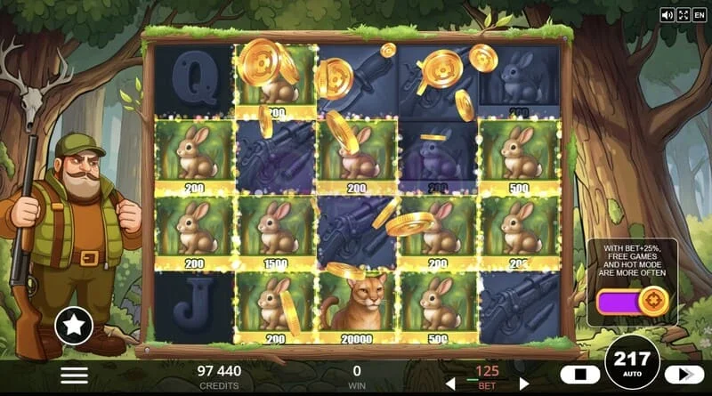 Hunt the Bucks – Hunter-Wild, Scatter és Animal Credit speciális szimbólumok a rácson
